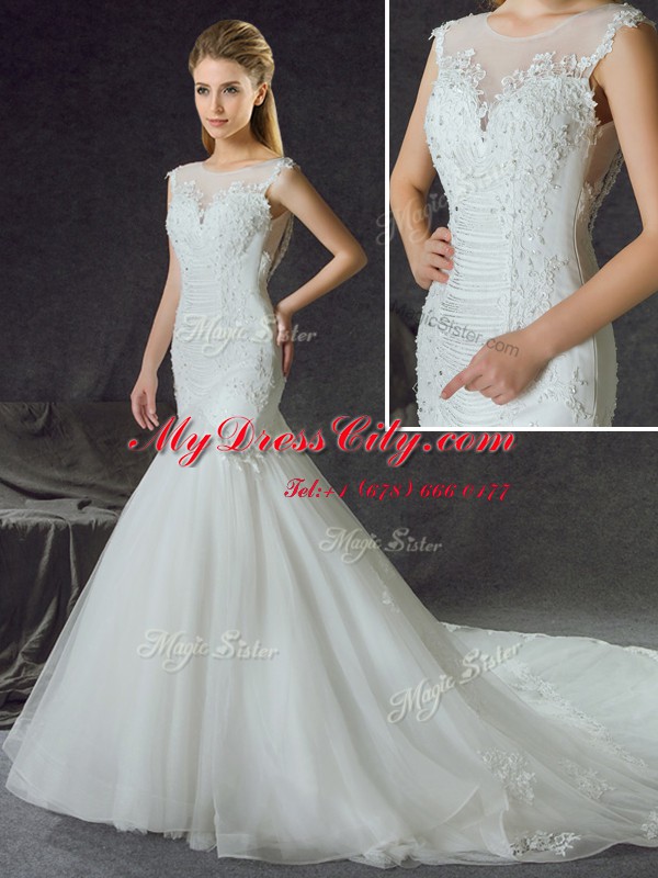 Mermaid With Train White Bridal Gown Scoop Sleeveless Chapel Train Side Zipper