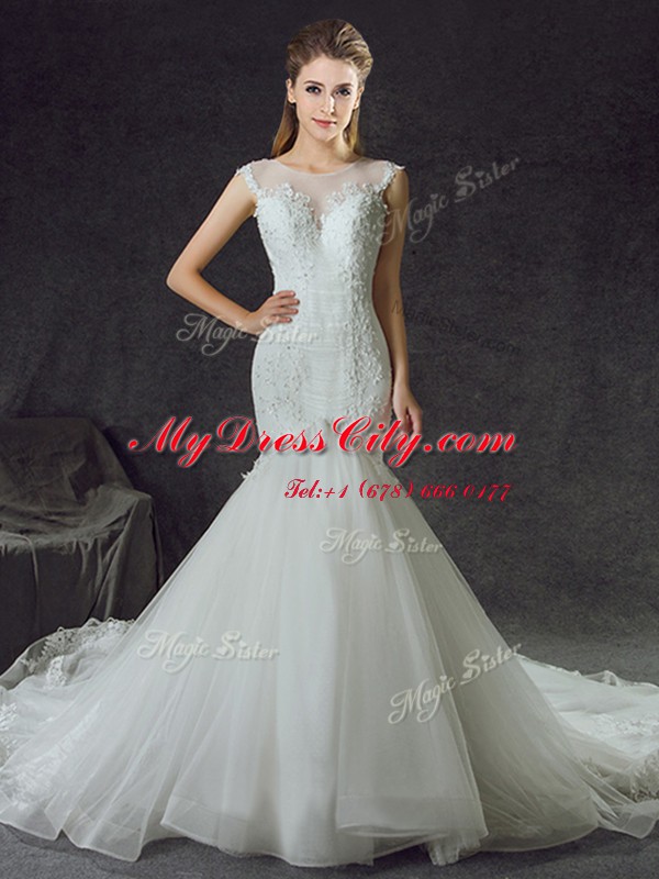 Mermaid With Train White Bridal Gown Scoop Sleeveless Chapel Train Side Zipper