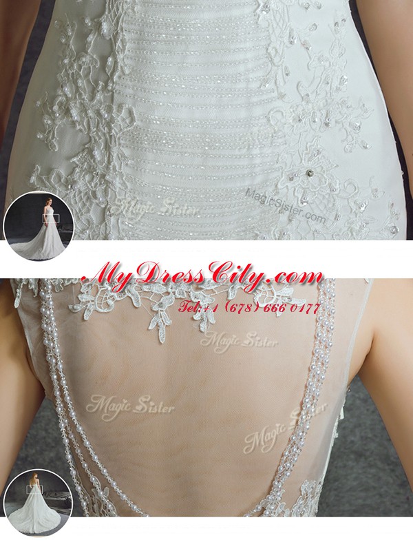 Mermaid With Train White Bridal Gown Scoop Sleeveless Chapel Train Side Zipper