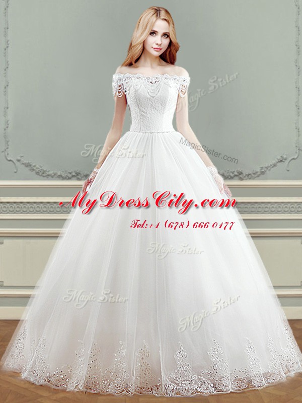 Off the Shoulder Floor Length Ball Gowns Sleeveless White Bridal Gown Lace Up