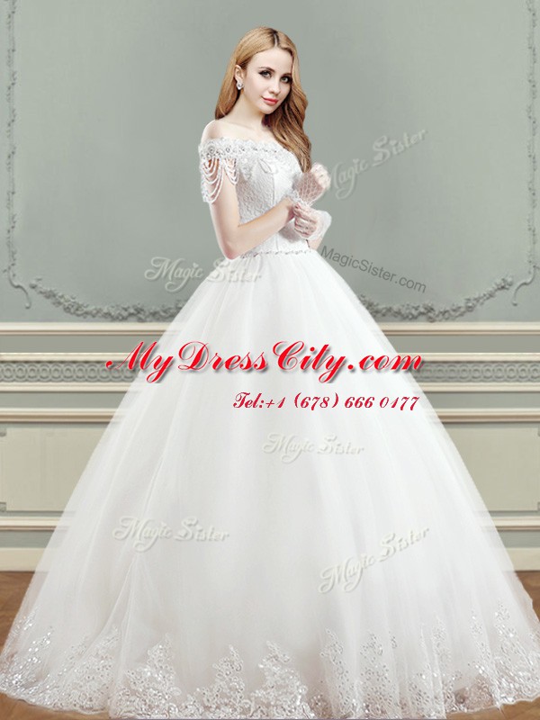 Off the Shoulder Floor Length Ball Gowns Sleeveless White Bridal Gown Lace Up