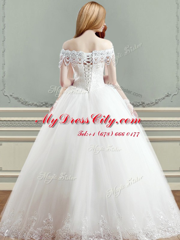 Off the Shoulder Floor Length Ball Gowns Sleeveless White Bridal Gown Lace Up