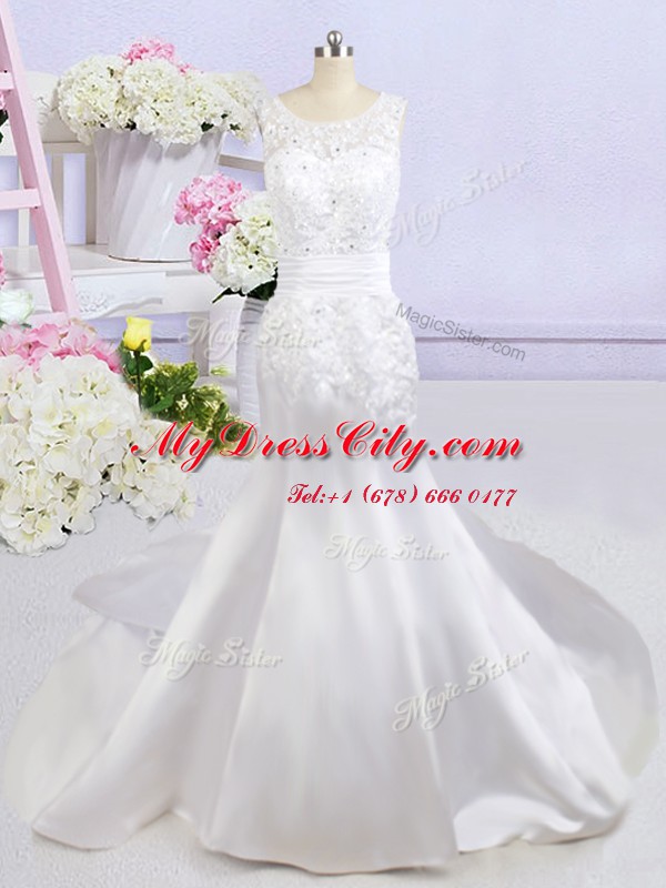 Mermaid Scoop Backless White Wedding Dress Satin Court Train Sleeveless Beading and Lace and Appliques