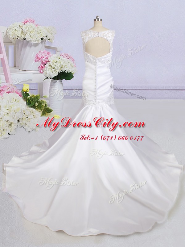 Mermaid Scoop Backless White Wedding Dress Satin Court Train Sleeveless Beading and Lace and Appliques