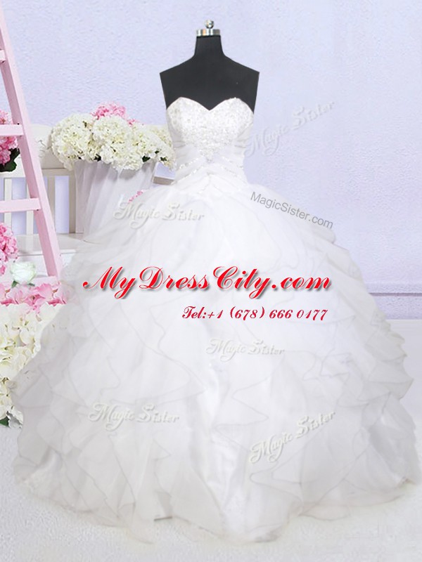 Delicate White Ball Gowns Sweetheart Sleeveless Organza Brush Train Lace Up Beading and Ruffled Layers Wedding Gowns