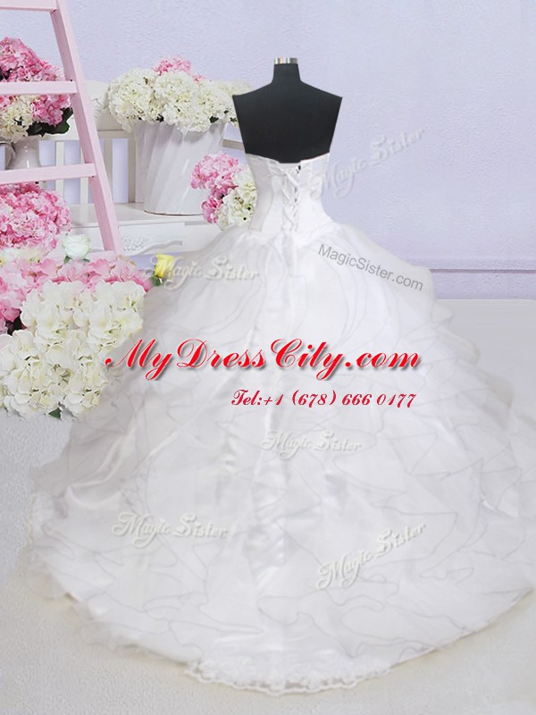 Delicate White Ball Gowns Sweetheart Sleeveless Organza Brush Train Lace Up Beading and Ruffled Layers Wedding Gowns