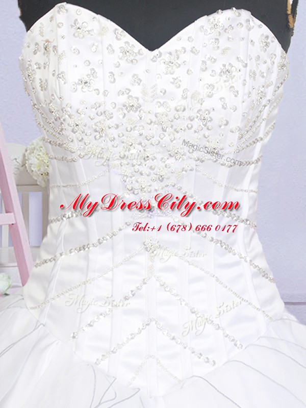 Delicate White Ball Gowns Sweetheart Sleeveless Organza Brush Train Lace Up Beading and Ruffled Layers Wedding Gowns