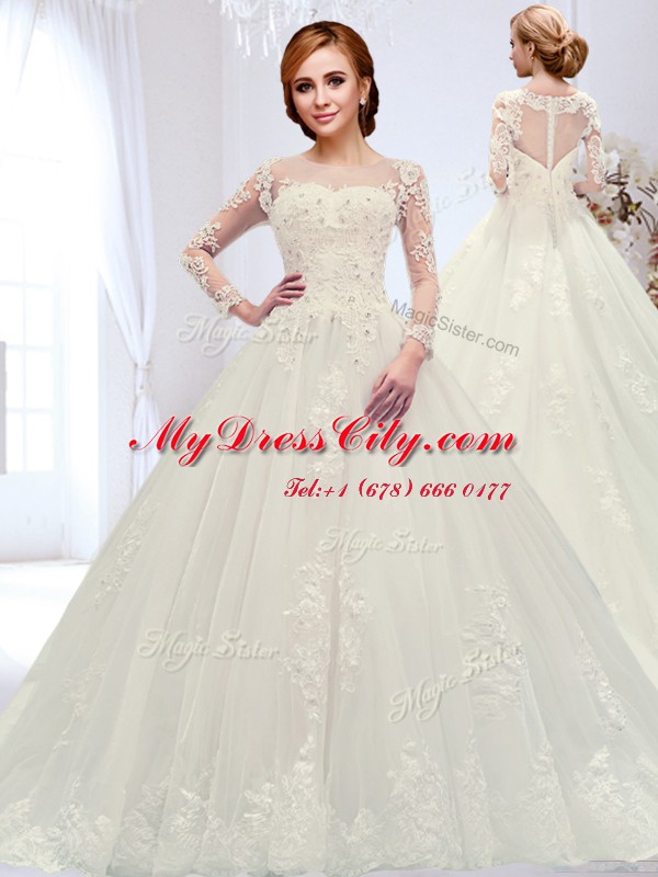 Scoop Long Sleeves Tulle Bridal Gown Beading and Appliques Court Train Zipper