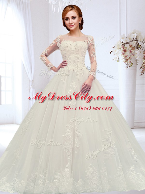 Scoop Long Sleeves Tulle Bridal Gown Beading and Appliques Court Train Zipper