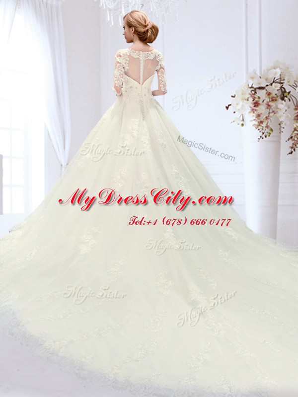 Scoop Long Sleeves Tulle Bridal Gown Beading and Appliques Court Train Zipper