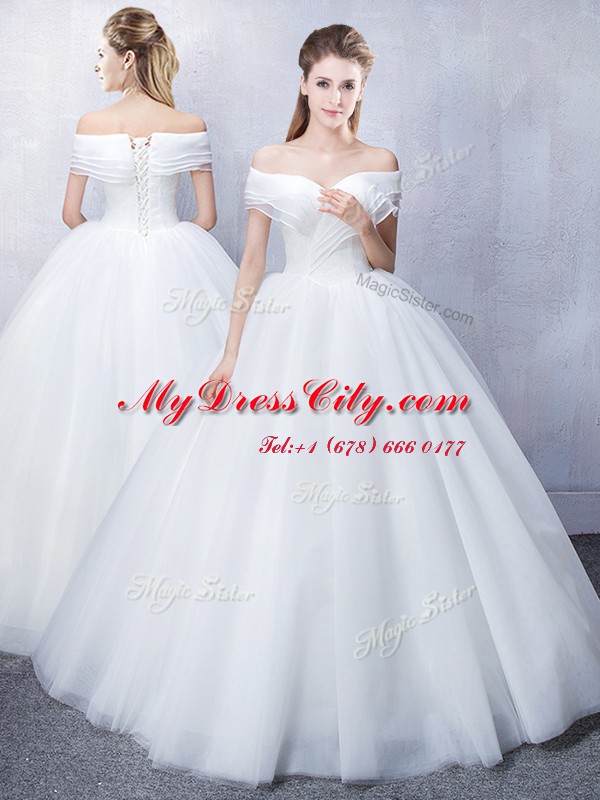 Ideal Off the Shoulder Ruffled White Short Sleeves Floor Length Ruching Lace Up Bridal Gown