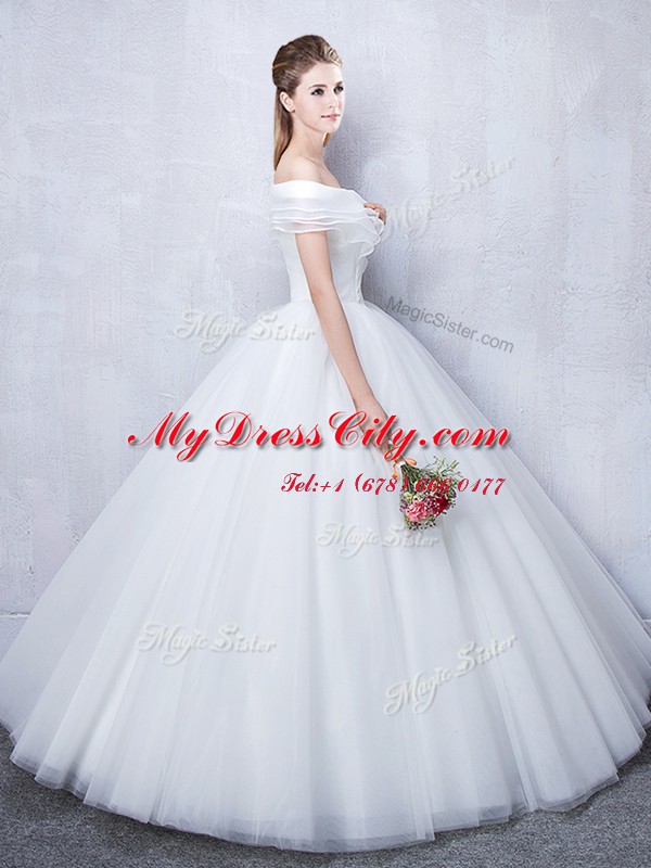 Ideal Off the Shoulder Ruffled White Short Sleeves Floor Length Ruching Lace Up Bridal Gown