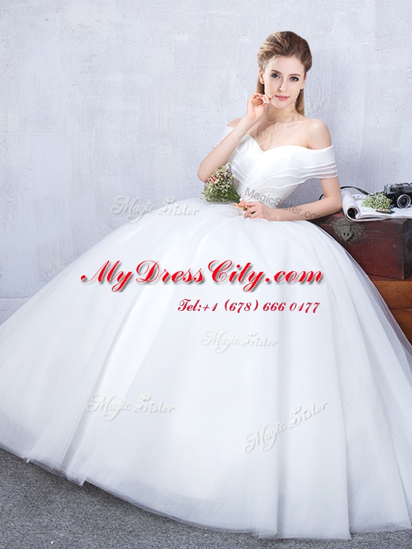 Ideal Off the Shoulder Ruffled White Short Sleeves Floor Length Ruching Lace Up Bridal Gown