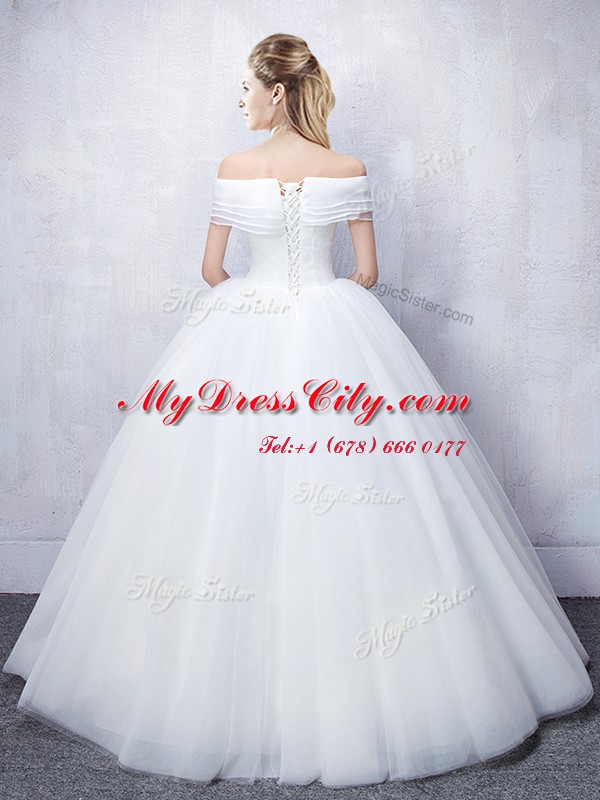 Ideal Off the Shoulder Ruffled White Short Sleeves Floor Length Ruching Lace Up Bridal Gown