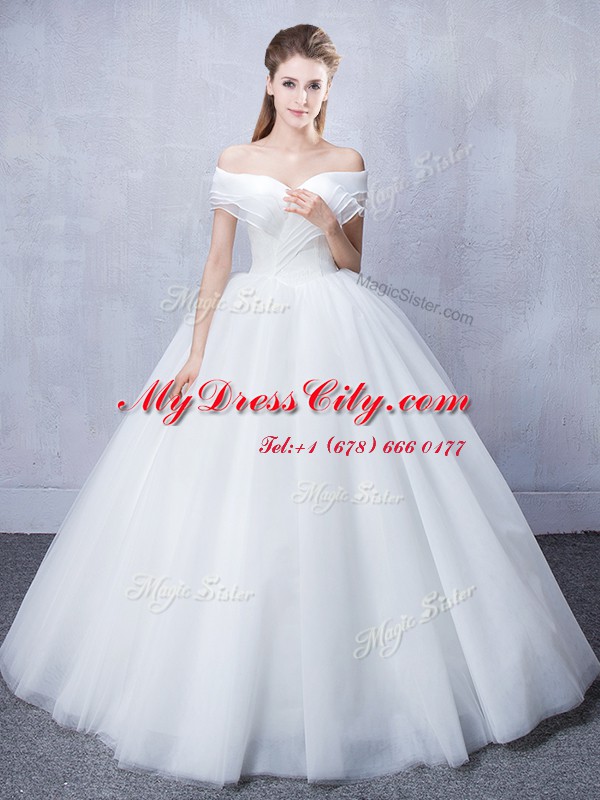 Ideal Off the Shoulder Ruffled White Short Sleeves Floor Length Ruching Lace Up Bridal Gown