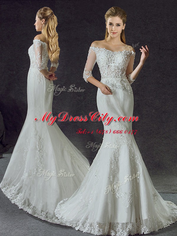 Mermaid Off the Shoulder Half Sleeves With Train Lace and Appliques Lace Up Wedding Dress with White Brush Train