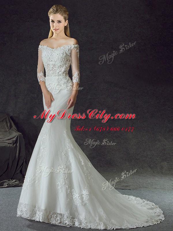 Mermaid Off the Shoulder Half Sleeves With Train Lace and Appliques Lace Up Wedding Dress with White Brush Train