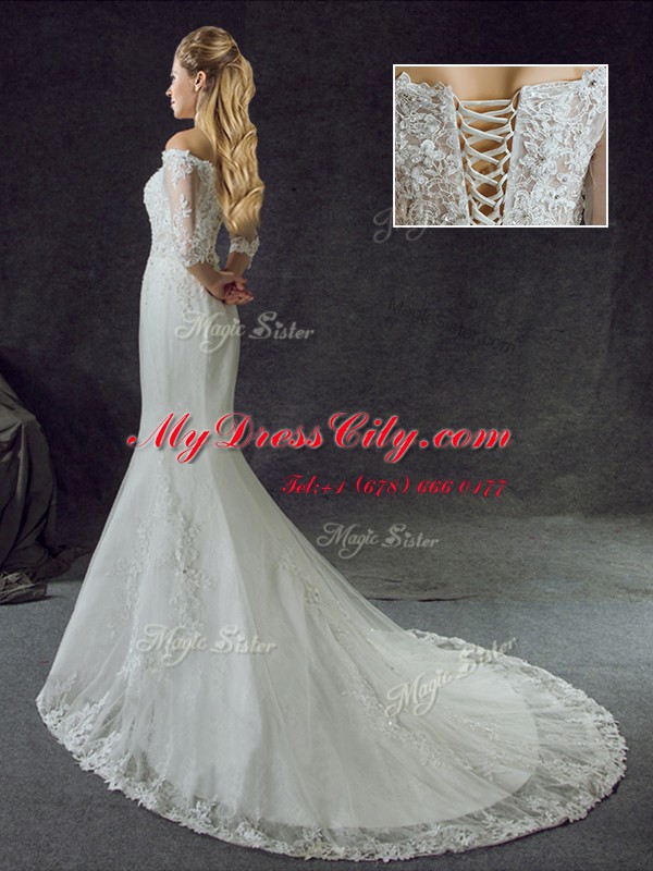 Mermaid Off the Shoulder Half Sleeves With Train Lace and Appliques Lace Up Wedding Dress with White Brush Train