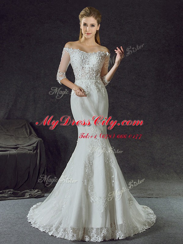 Mermaid Off the Shoulder Half Sleeves With Train Lace and Appliques Lace Up Wedding Dress with White Brush Train