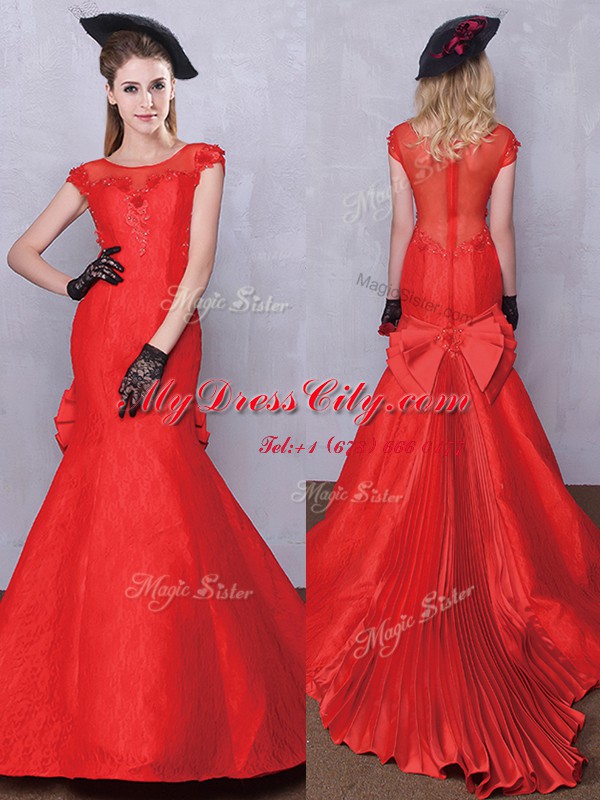 Red Mermaid Scoop Short Sleeves Taffeta and Lace Brush Train Zipper Lace and Bowknot and Pleated Bridal Gown