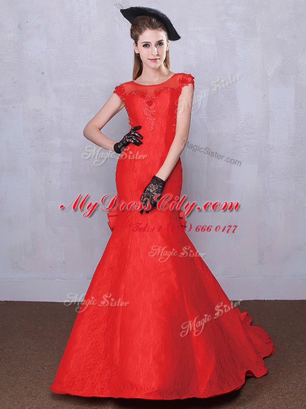 Red Mermaid Scoop Short Sleeves Taffeta and Lace Brush Train Zipper Lace and Bowknot and Pleated Bridal Gown