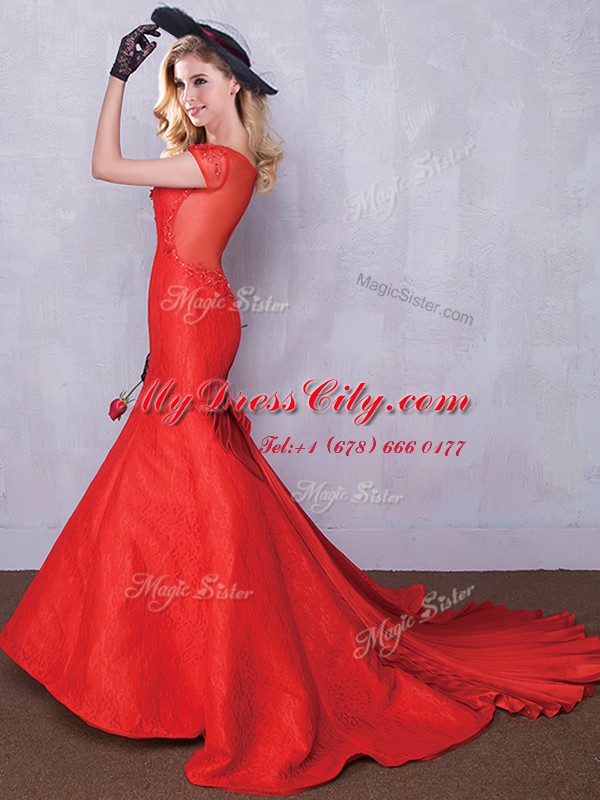 Red Mermaid Scoop Short Sleeves Taffeta and Lace Brush Train Zipper Lace and Bowknot and Pleated Bridal Gown