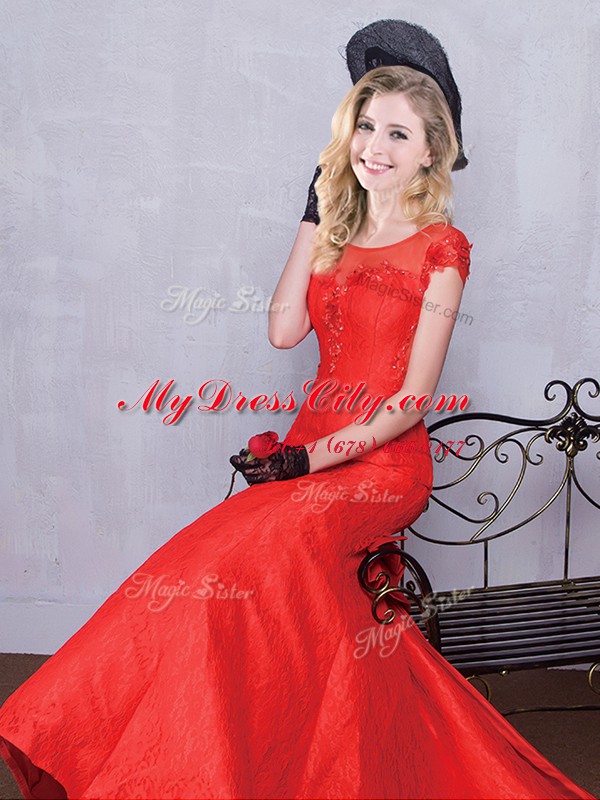 Red Mermaid Scoop Short Sleeves Taffeta and Lace Brush Train Zipper Lace and Bowknot and Pleated Bridal Gown