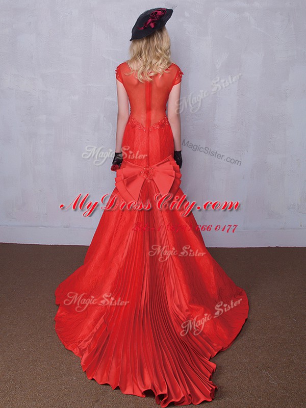 Red Mermaid Scoop Short Sleeves Taffeta and Lace Brush Train Zipper Lace and Bowknot and Pleated Bridal Gown