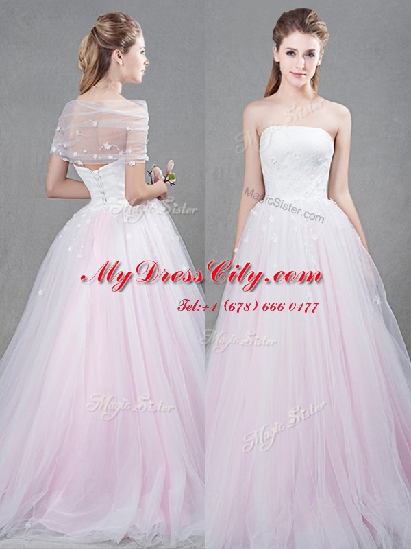 Super With Train Lace Up Bridal Gown Pink for Wedding Party with Appliques Brush Train