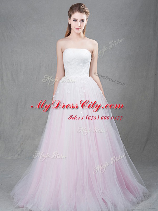 Super With Train Lace Up Bridal Gown Pink for Wedding Party with Appliques Brush Train