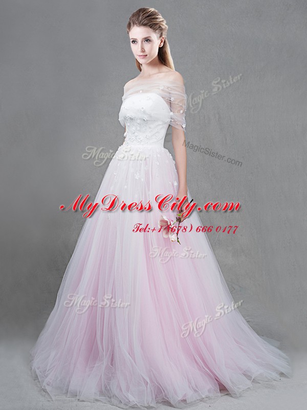 Super With Train Lace Up Bridal Gown Pink for Wedding Party with Appliques Brush Train