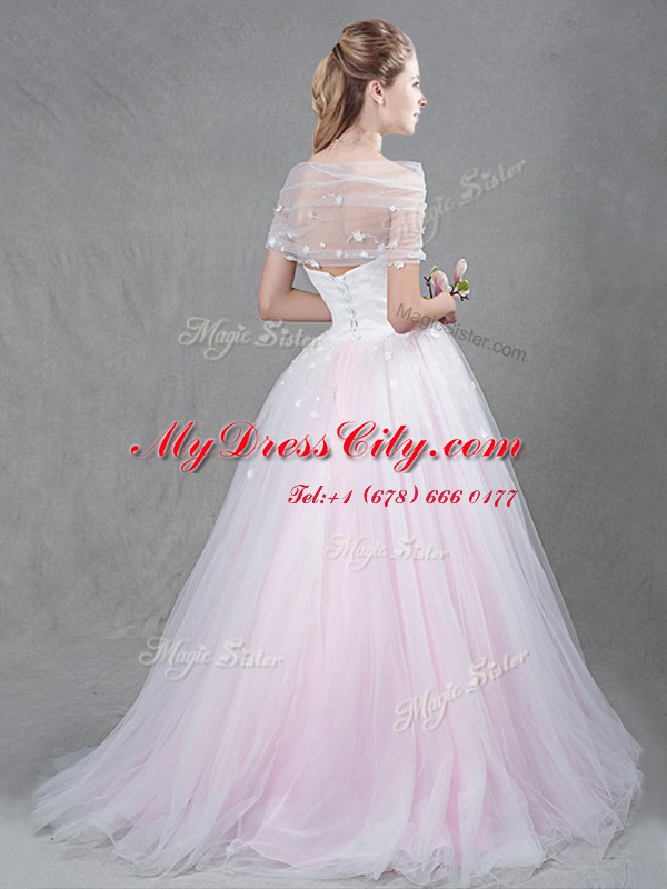 Super With Train Lace Up Bridal Gown Pink for Wedding Party with Appliques Brush Train