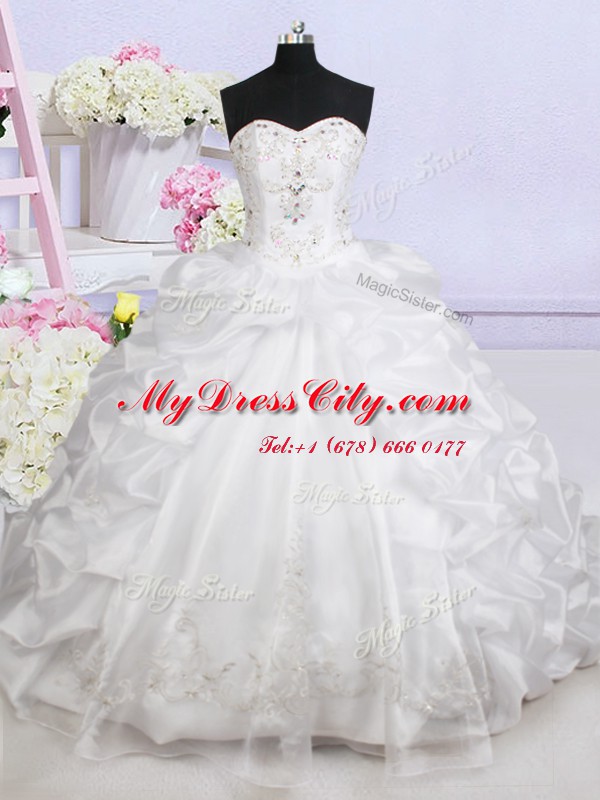 High Class Sweetheart Sleeveless Wedding Gown With Brush Train Beading and Appliques and Pick Ups White Organza