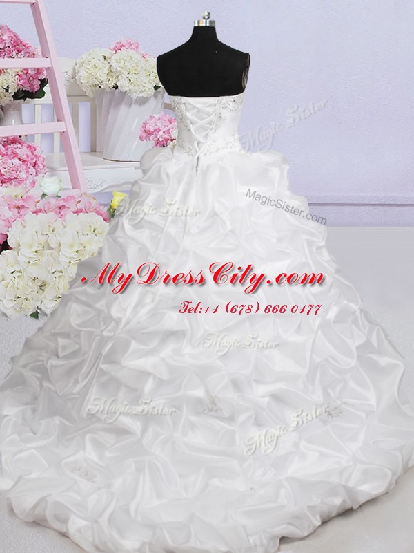 High Class Sweetheart Sleeveless Wedding Gown With Brush Train Beading and Appliques and Pick Ups White Organza