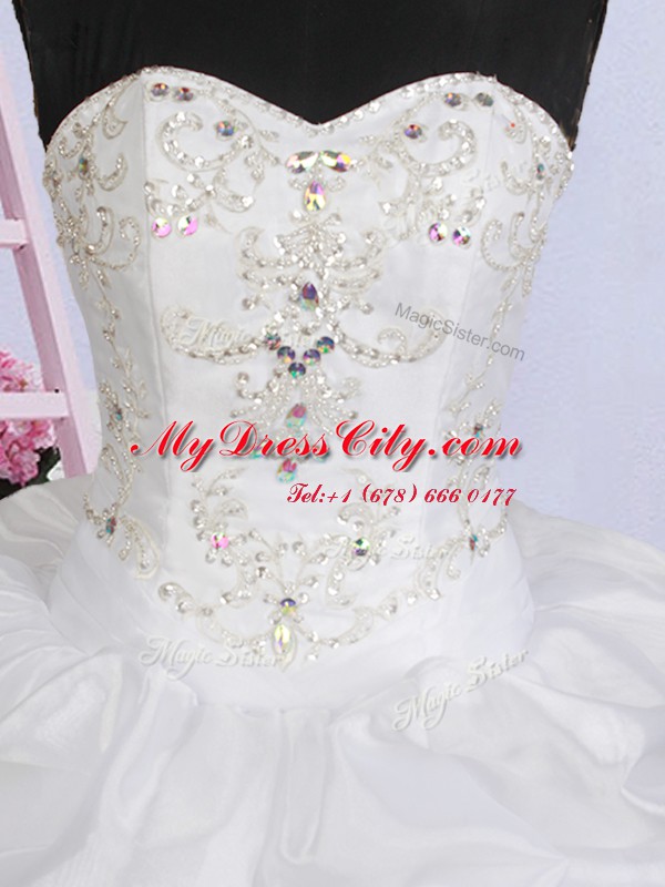 High Class Sweetheart Sleeveless Wedding Gown With Brush Train Beading and Appliques and Pick Ups White Organza