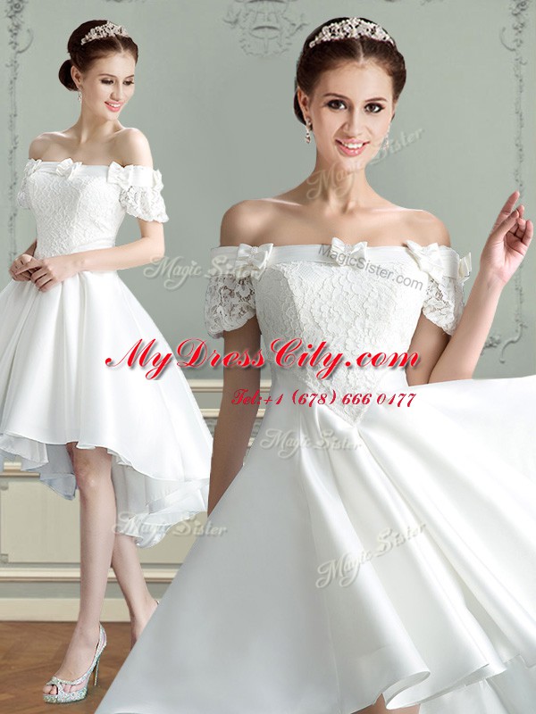 Off the Shoulder White A-line Lace and Bowknot Wedding Dress Lace Up Taffeta Sleeveless High Low