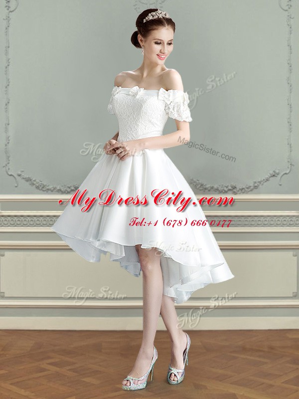 Off the Shoulder White A-line Lace and Bowknot Wedding Dress Lace Up Taffeta Sleeveless High Low