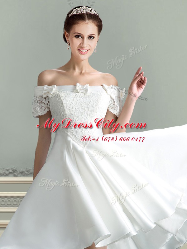 Off the Shoulder White A-line Lace and Bowknot Wedding Dress Lace Up Taffeta Sleeveless High Low