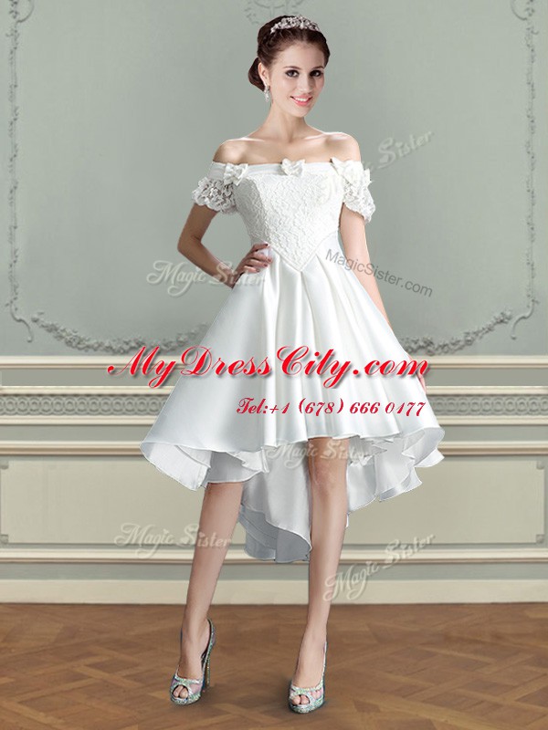 Off the Shoulder White A-line Lace and Bowknot Wedding Dress Lace Up Taffeta Sleeveless High Low