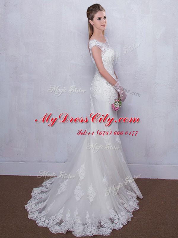 Mermaid Scoop Backless With Train White Wedding Dress Tulle Brush Train Cap Sleeves Lace