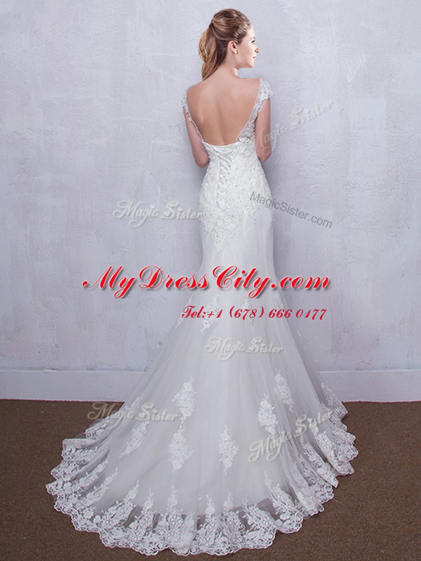 Mermaid Scoop Backless With Train White Wedding Dress Tulle Brush Train Cap Sleeves Lace