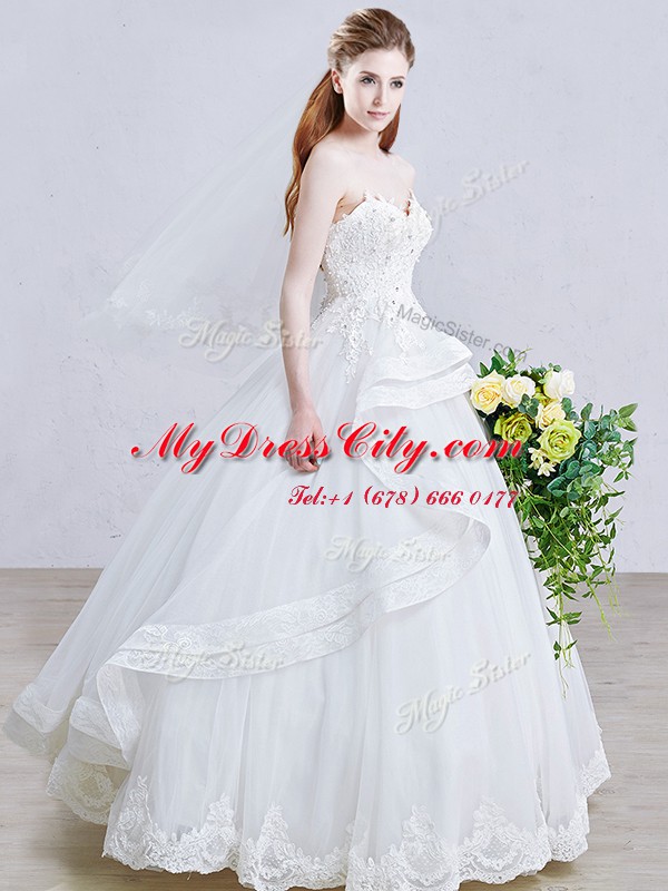 White Tulle Lace Up Wedding Gown Sleeveless Floor Length Appliques