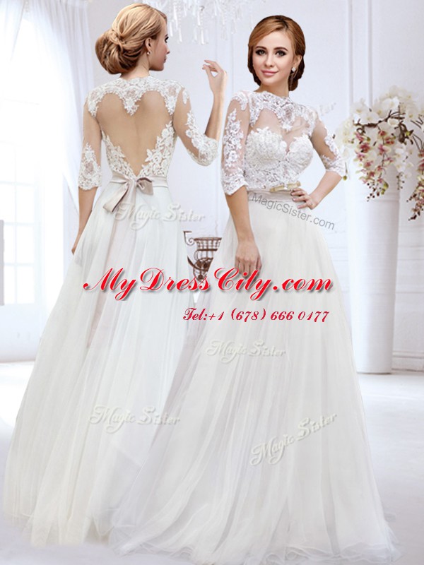 Custom Design Sweetheart Shape Back Floor Length White Wedding Dresses High-neck Half Sleeves Side Zipper