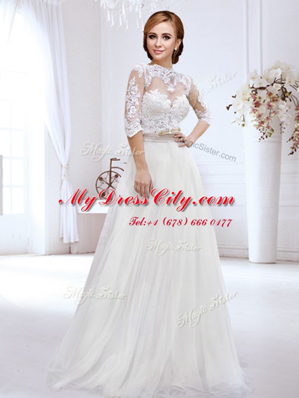 Custom Design Sweetheart Shape Back Floor Length White Wedding Dresses High-neck Half Sleeves Side Zipper