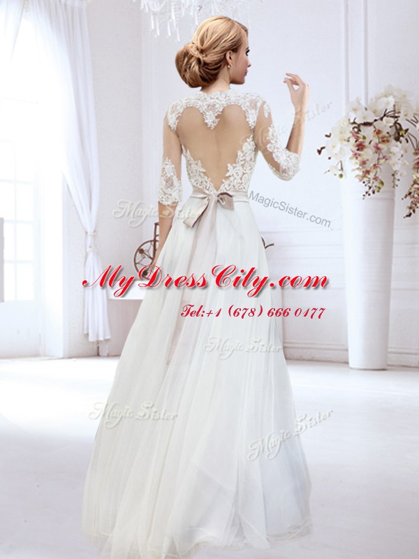 Custom Design Sweetheart Shape Back Floor Length White Wedding Dresses High-neck Half Sleeves Side Zipper