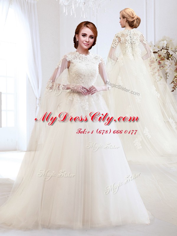 Luxury White High-neck Lace Up Appliques Wedding Dresses Brush Train Sleeveless