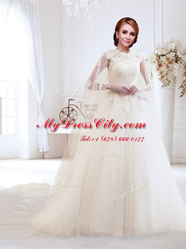 Luxury White High-neck Lace Up Appliques Wedding Dresses Brush Train Sleeveless