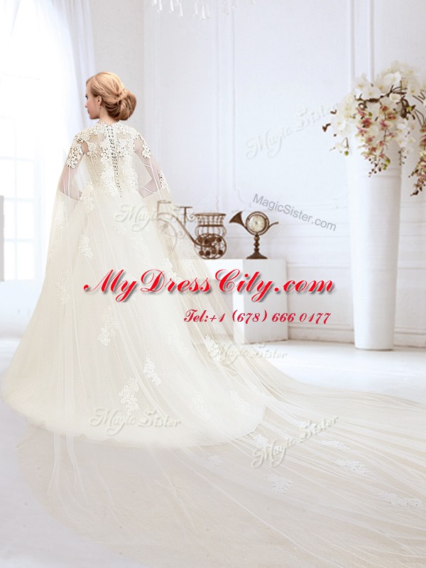 Luxury White High-neck Lace Up Appliques Wedding Dresses Brush Train Sleeveless