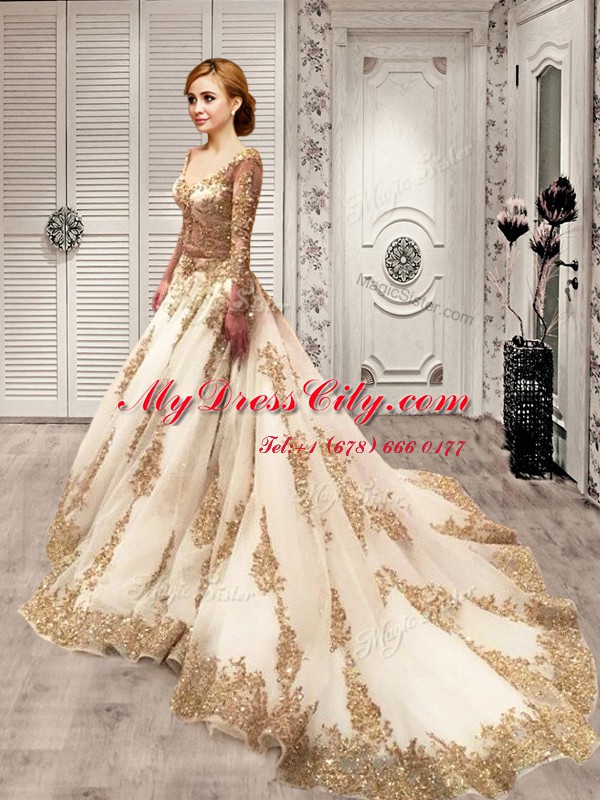 Sequins Court Train A-line Wedding Dresses Champagne V-neck Tulle 3 4 Length Sleeve With Train Lace Up