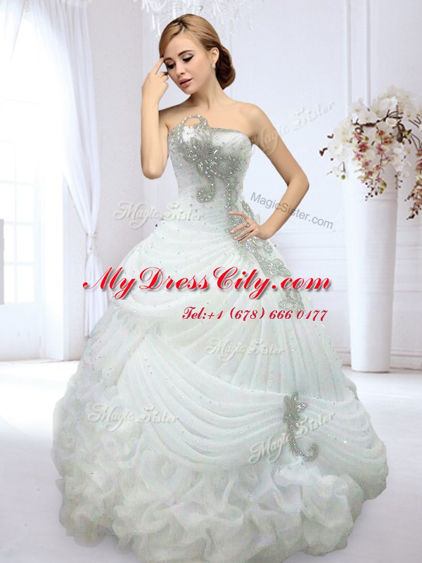 Pick Ups Floor Length White Wedding Dress Strapless Sleeveless Lace Up